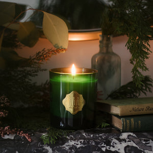 Clause candle burning with winter greenery